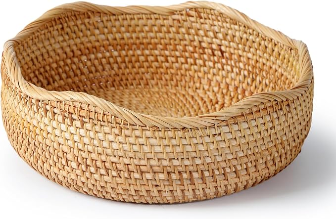 YANGQIHOME Rattan Bread Basket, Round Fruit Baskets, Wicker Storage Bowls, Natural Woven Serving Basket Bowls, Decorative Baskets for Kitchen Counter Organizing (Natural L)