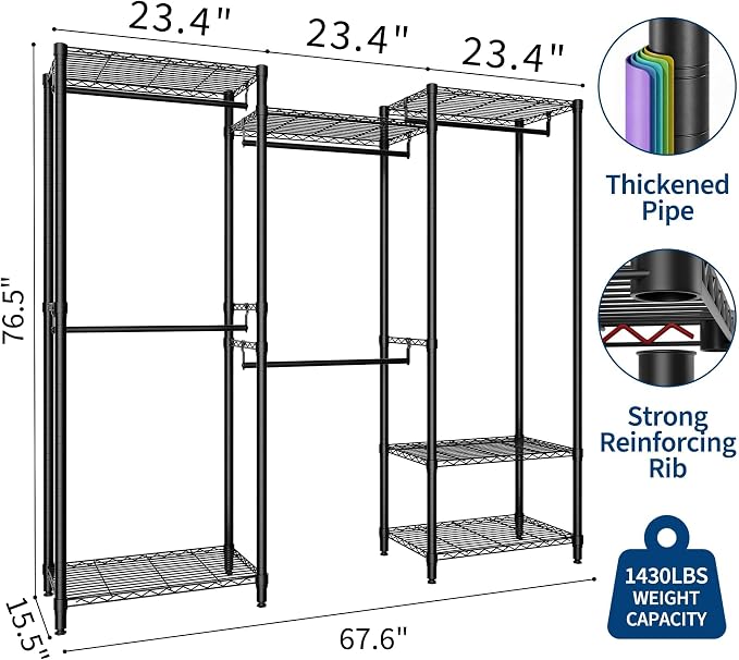 Heavy Duty Garment Rack Stable Clothes Rack for Hanging Clothes Wardrobe Closet with Adjustable Shelves & 5 Hanging Rods 76.5" H x 67.6" L x 15.5" W Black