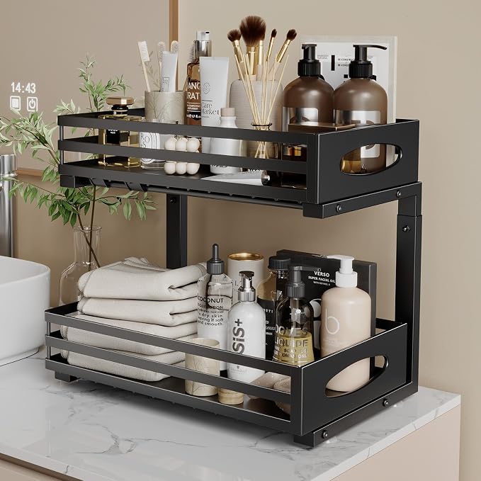 mixeshop Under Sink Organizer, 2 Tier Under Sink Organizers and Storage, Adjustable Height, Slide out Metal Cabinet Organizers, Pull out Cabinet Storage Drawer Shelf for Kitchen Bathroom (Black, 2)