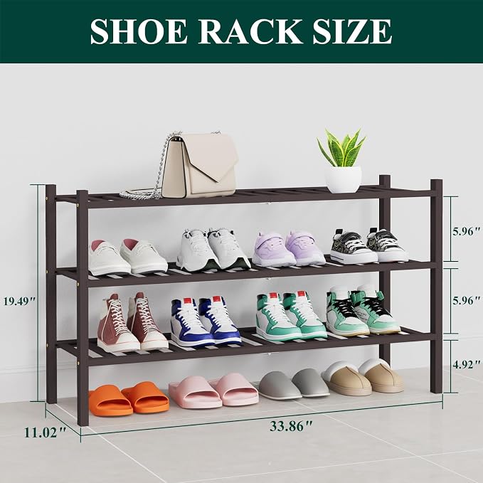 Smiry Bamboo Shoe Rack, 14 Vertical Slats, 3 Tier - 33.7" Wide, Brown | Stackable Free Standing Wooden Shoe Organizer, Wood Shoe Storage Shelf for Closet, Entryway, Thicher Leg