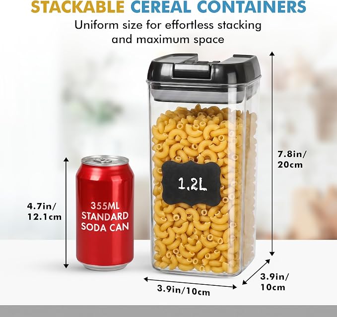 Shazo Airtight Food Storage Containers with Lids - 6 PC BPA Free Clear Plastic Cereal Containers with Easy Lock Lids for Kitchen and Pantry Organization for Snacks and Pasta - 1.2L