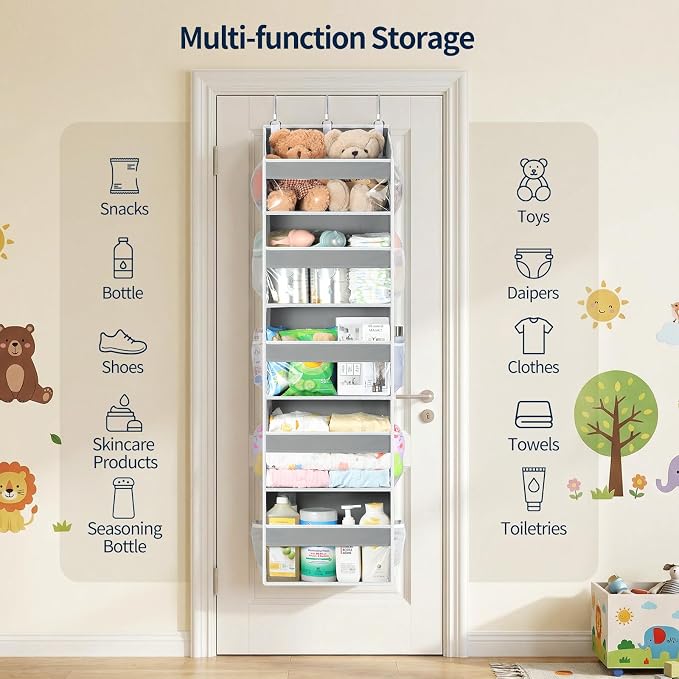 Yecaye Over the Door Organizer 5 Tiers, Heavy Duty Hanging Storage with 5 Large Clear PVC Pockets and 10 Side Pockets, 56lbs Capacity for Closet Door Bathroom Bedroom Nursery Dorm Laundry Room, Grey