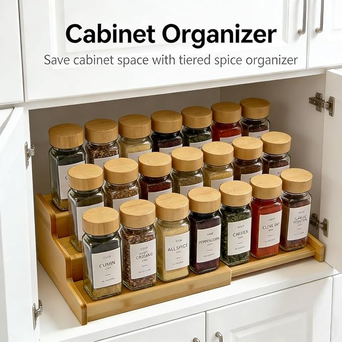 JinDoWin Spice Rack Organizer for Cabinets,Countertop & Pantries,2 Pack | Expandable design, 3-Tier stepped bamboo spice shelf, seasoning organizer, pantry organizers and storage
