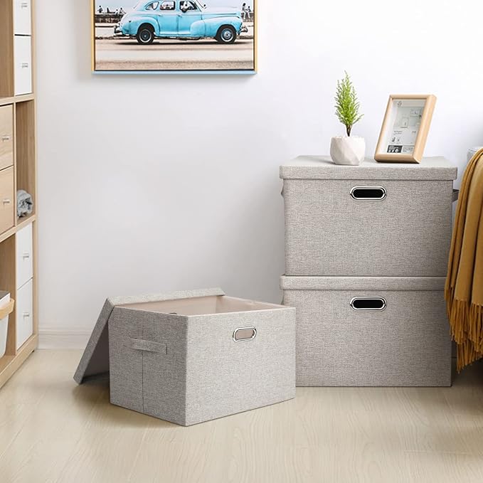 Storage Bins with Lids Fabric Closet Organizers Cubes Office Organization | 36 Quart 5 Pack Beige Collapsible Stackable Linen Fabric 4 Handles Bedroom Closet Cabinet Under Bed Clothes Toy Office File