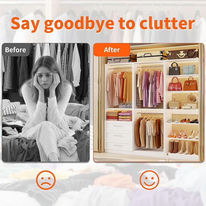 Closet System of 3 Sets, 6-15FT Closet Organizer System Wood with 3 Drawers & 7 Shelves, Walk in Closet Organizer Shelving System with 6 Hanging Rods, Modular Closet System Kits Adjustable, White