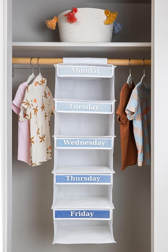 Three Sweet Peas Co Monday through Friday Hanging Weekly Clothes Organizer for Kids