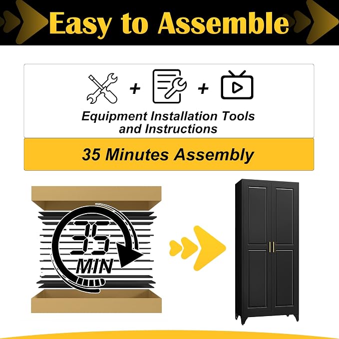 SteeLoong 75”Metal Pantry Storage Cabinet with Doors & 5 Adjustable Shelves | Kitchen Pantry Cabinet,Black Kitchen Cabinet with 2 Gold Handles,Tall Cabinet for Livingroom,Pantry, Bathroom,Kitchen,Garage