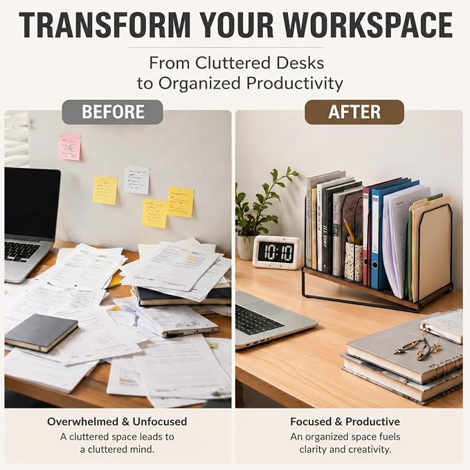 Novabright 1 Pack Inclined Desk File Organizer 9 Section Metal Vertical Folder Holder with Wooden Base Desktop Mail Sorter Step Magazine Document Paper Binder Holder for School Classroom Home Office