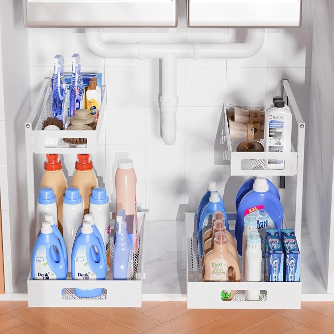 TISTAYA Full Metal Under Sink Organizer, Pull Out Cabinet Organizers and Storage, Silk-Smooth Sliding Drawer for Kitchen, Bathroom, Pantry, Cabinet, Closet (White, 2 Pack)
