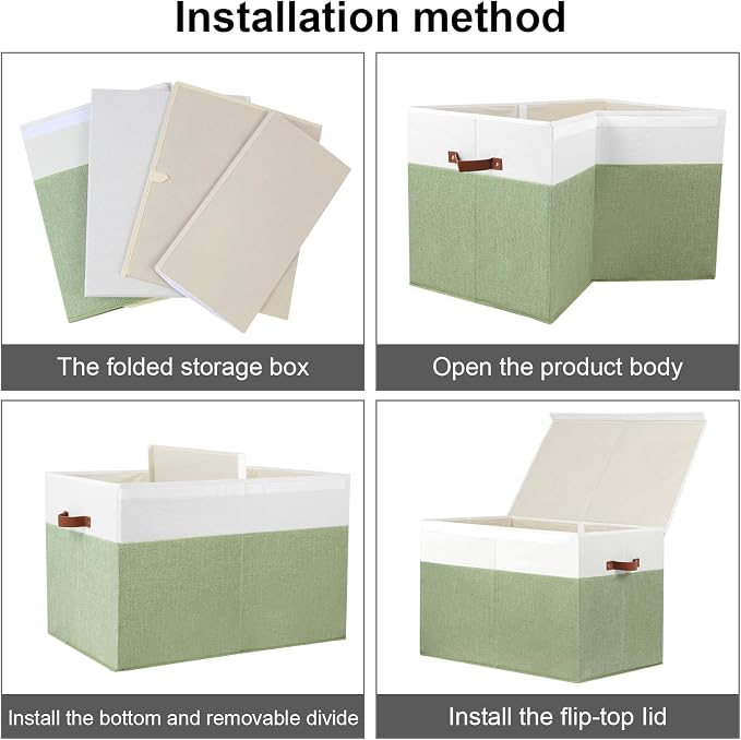 Large Toy Storage Box with Lid, Toy Chest Bin Boxes Basket with Dividers | Sturdy Toy Organizer Bin for Kids, Boys, Girls, Nursery, Living Room, Bedroom, Playroom 26"x17" x17" (Green and White)