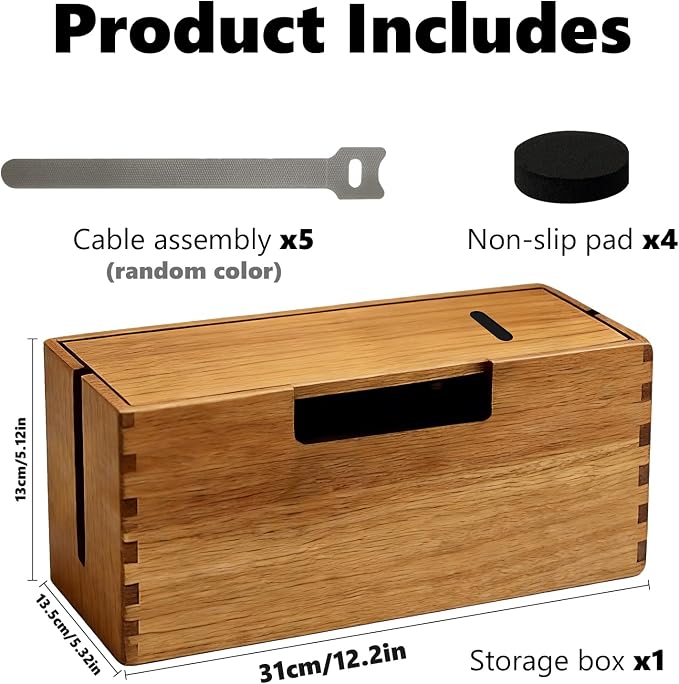 Acacia Wood Cable Management Box, Wooden Cord Hider Organizer for Power Strip, Desk/Floor/TV Wire Storage, Under Desk Cable Organizer for Home Office