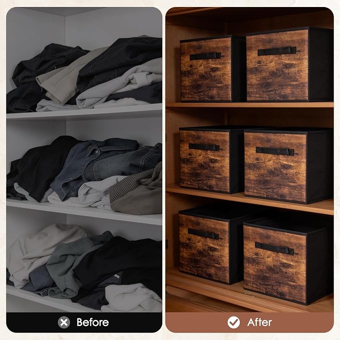 11 Inch Fabric Storage Cubes, 8 Pack Foldable Storage Bins with Handle, Fabric Cube Box for Shelves, Closet, Bedroom, Living Room, Organizer, Rustic Brown and Ink Black
