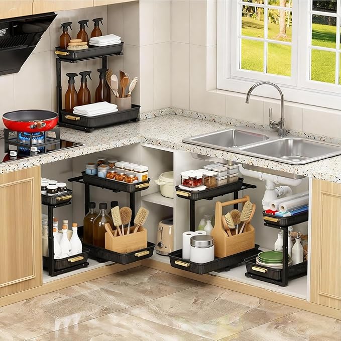 ARSTPEOE Under Sink Organizer - 2 Pack Multi-Purpose Pull-Out Storage Shelf | Slide out Pull out Cabinet Organizer Shelf, Storage for Kitchen Bathroom