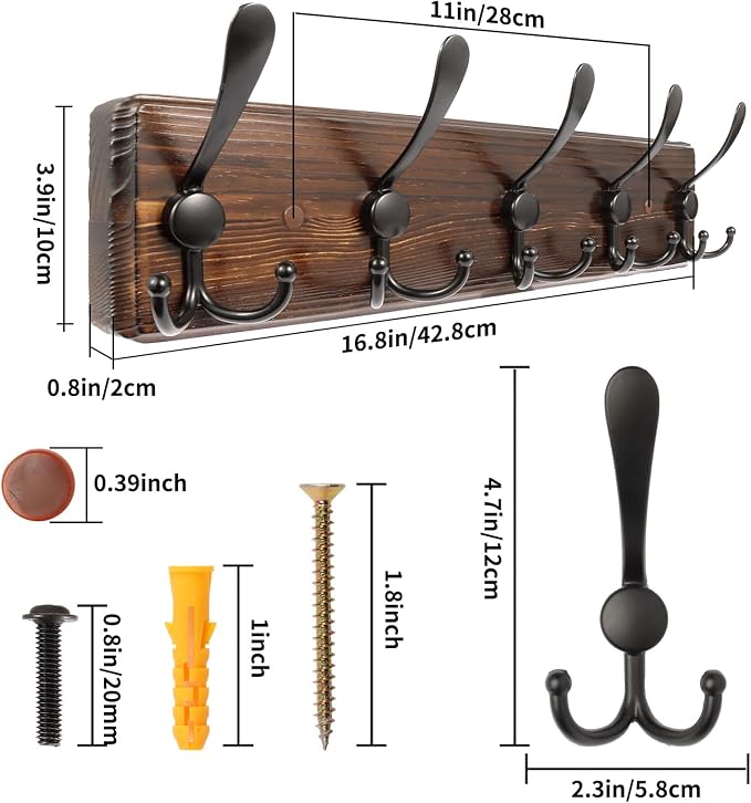 Coat Rack Wall Mount 16.8'' Rustic Hat Rack with 5 Triple Hooks Coat Hooks Wall Mount Farmhouse Wall Hooks for Hanging Coat, Bags, Towels