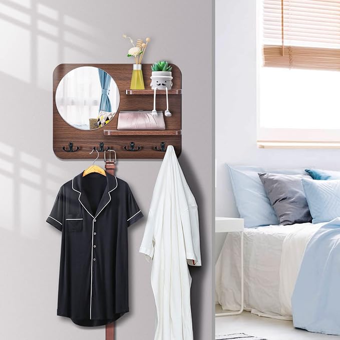 Coat Rack with Shelf Rustic Wooden Wall Mounted Hanging Coat Rack with Mirror Shelves and 4 Double Hooks Decorative Entryway Hook Shelf for Hallway Living Room Bedroom 16"x12" (Brown S)
