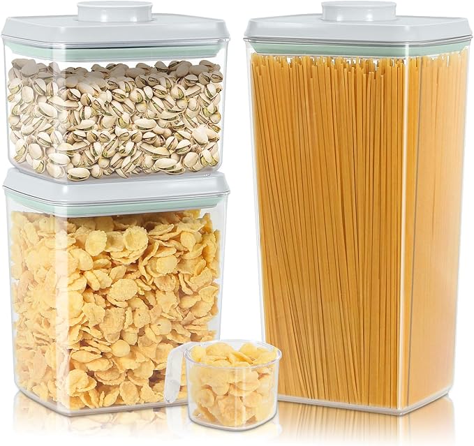 3 Pack Pasta Sugar Storage Containers with Pop-up Lid 1.26 + 2.11 + 3.48 Qt | Airtight Food Storage Container for Flour, Rice, Spaghetti, Nuts, Snack, Candy, Dog Treat, Kitchen Pantry Organization