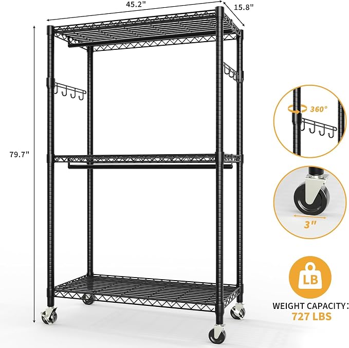 3 Tier Clothes Rack 727LBS Load Wardrobe Closet with Wheels & Adjustable Shelves & 2 Hanging Rod for Hanging Clothes 79.7" H x 45.2" W x 15.8" D Black