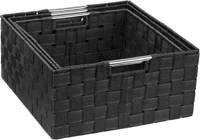 Sorbus Storage Box Woven Basket Bin Container Tote Cube Organizer Set Stackable Storage Basket Woven Strap Shelf Organizer Built-In Carry Handles (Black)