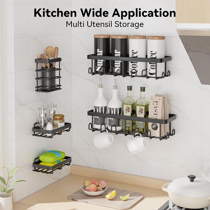 YASONIC Shower Caddy Adhesive, 100% Rustproof Shower Organizer with Soap and Toothbrush Holder, Large Capacity Shower Shelves for Inside Shower, No Drill Shower Storage for Home (5 Pack Black)