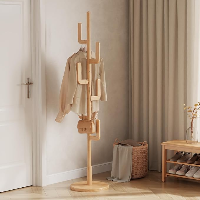 Solid Wood Cactus Coat Rack, Freestanding Coat Rack With 6 L-Shaped Hooks and 3 Adjustable Sizes, Coat Tree for Bedroom, Entryway, Livingroom, Coat Hanger Stand for Coats, Handbags (Natural)