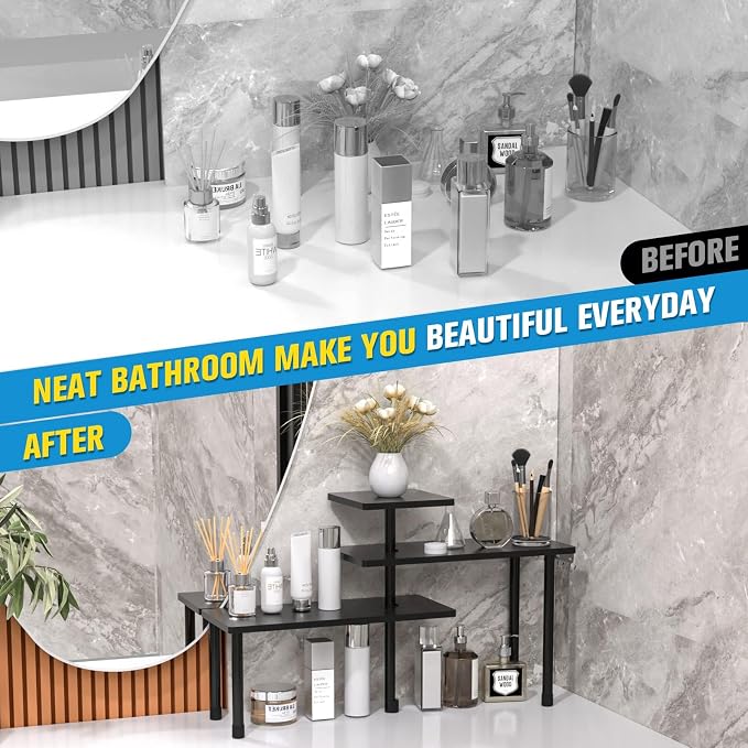 JayRex 3-Tier Bathroom Countertop Corner Shelf Organizer, Black | Space-saving corner design organizes spices, skincare and toiletries on kitchen and bathroom counters.