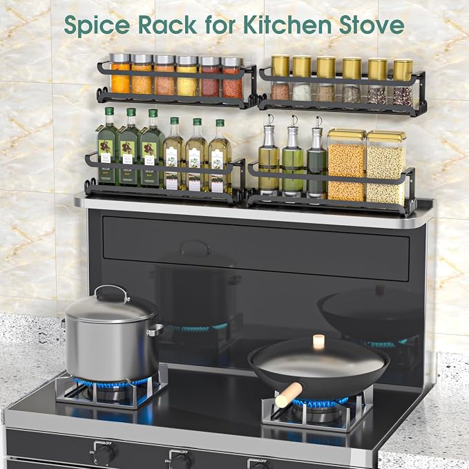LUCYCAZ 4 Pack Wall Mounted Spice Rack for Kitchen Cabinet,RV,Camper,Black | 16 Metal Hooks, Space-Saving,Screw or Adhesive Spice Shelf Hanging,for Pantry Door Spice Jars & Seasonings,11.41×2.75×2.36in