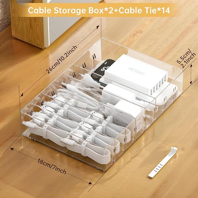 FRETONBA 2 Pcs Clear Cable Charger Organizer Box, Large | Adjustable Compartments, Stackable to Save Space, 14 Wire Ties, Easy Access, Fits Drawer, Desk & Office