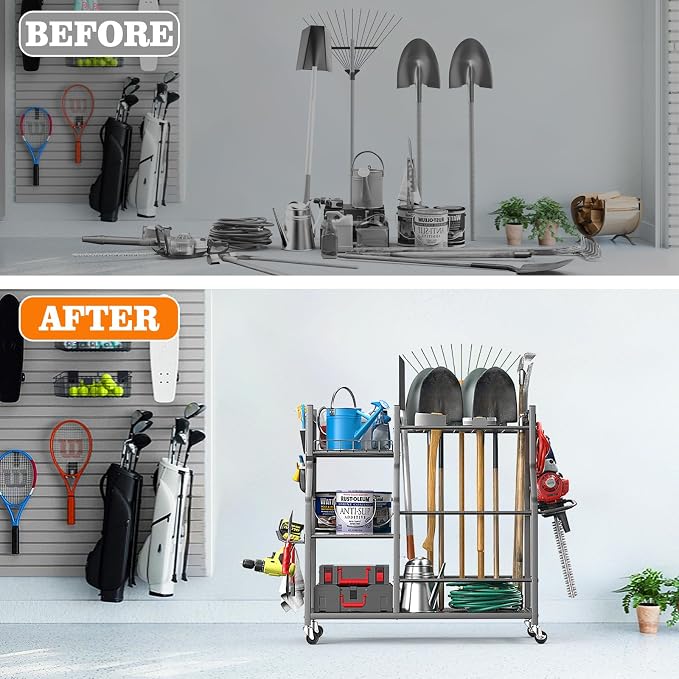 36" Large Garden Tool Organizer with Wheels & Side Tool Bag, 3 Tier Rolling Garage Storage Rack for Long Handled Rakes, Shovels, Brooms, Freestanding Yard Tools Cart for Shed & Outdoors