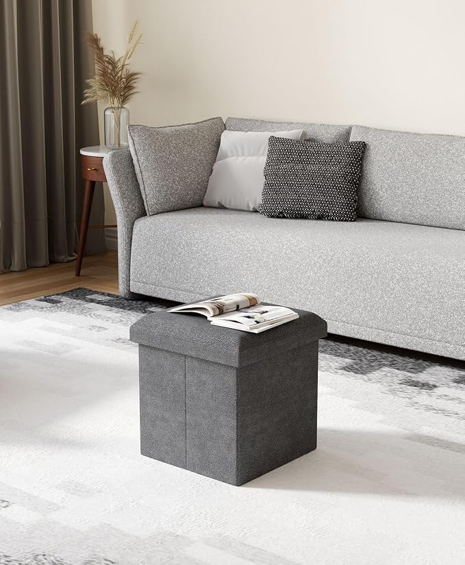Folding Storage Ottoman Bench, Dark Gray, 15 Inches | Multi-Functional Ottoman Foot Rest, End of Bed Bench, Storage Chest, Living Room, Bedroom, Hallway, Entryway, 300 lb Capacity