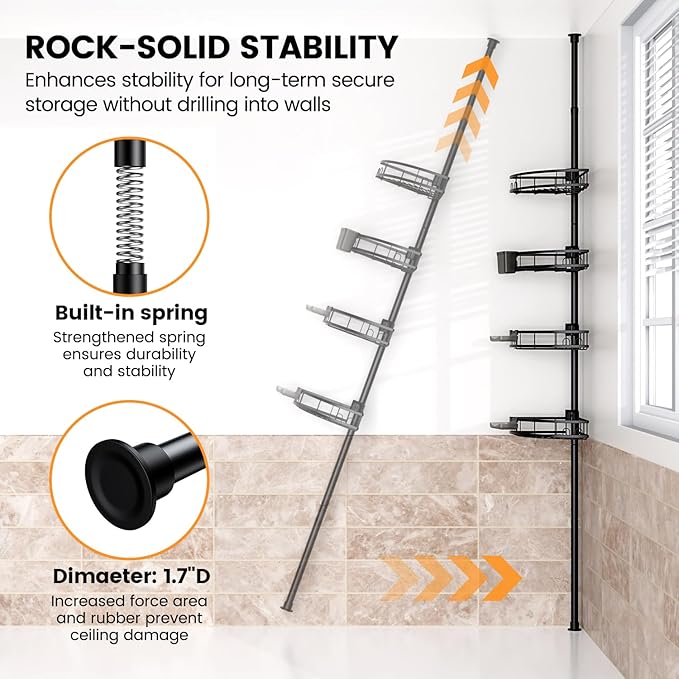 Tension Pole Shower Caddy Corner: Adjustable 4-Tier Bathroom Organizer Shelves - Rustproof Bathtub Shampoo Rack, No-Drill Standing Shower Caddy for Renters, Apartment & Family Bathroom 31-124 inch