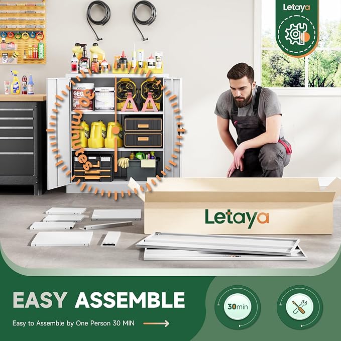 Letaya Metal Storage Cabinets with Lock Door,2 Adjustable Shelves Organizer Steel Storage Cabinets for Home,Office,Warehouse,Garage,Employee Lockers(White)