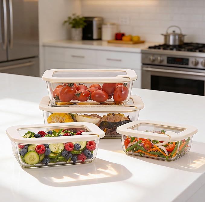 Glass Food Storage Containers with Glass Lids, Microwave Safe Food Container Set, Aitight Meal Prep Container Set, LeakProof, 100% Plastic Free, 4 Pack