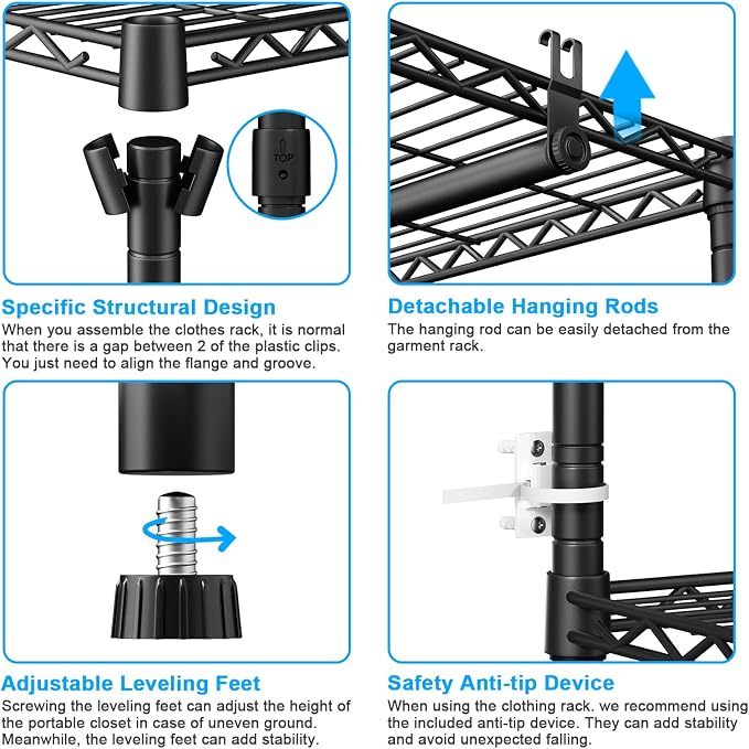 E13 Max Heavy Duty Clothes Rack(With 4 Hanger Rods & 8 Shelves) Freestanding Clothing Racks for Hanging Clothes,Adjustable Closet,Metal Garment Rack 86" W x16 D x77 H,Max Load 1100LBS,Black