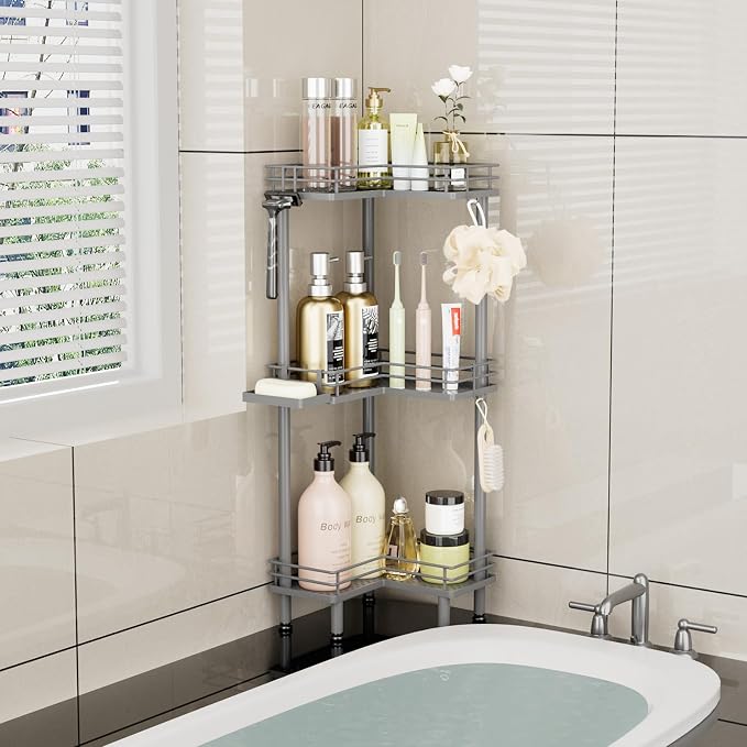 Consumest Corner Shower Caddy Standing - 3-Tier Stainless Steel Shower Organizer with Soap Holder and 4 Hooks, Large Capacity Corner Shelf Stand for Bathroom, Rest Room, Grey