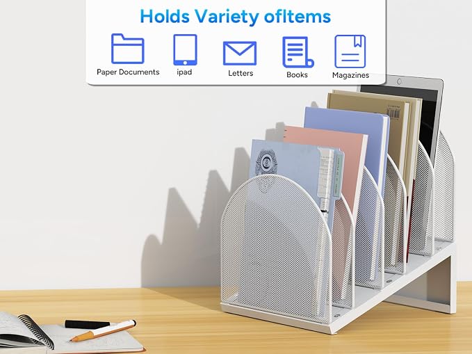 gianotter Desktop File Organizer, Desk Organizer with 5 Compartments, Paper Organizer for Desk, Workspace Organizers for Office Supplies (White, Inclined Style)