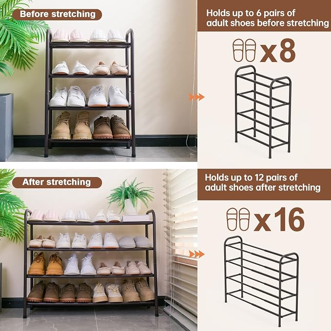 Gonfoam Expandable 4-Tier Shoe Rack for Closet and Entryway, Bronze | Tool-Free Assembly, Metal Material, Adjustable Shoe Organizer, Sturdy, Small Space Solution, Dorms, Garages, Apartments.
