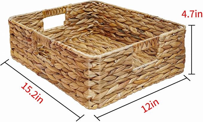 Rectangular Water Hyacinth Storage Baskets, Wicker Woven Shelves Baskets | Three-sided handle design,Handwoven from natural water hyacinth, For the living room, bedroom, storage room, and vanity