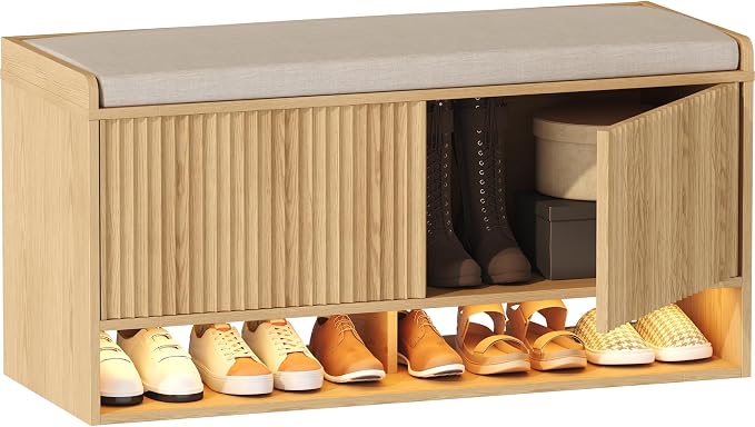 HOMEFORT 39.4" Fluted Shoe Storage Bench, Entryway Bench with Linen Seat Cushion, Shoe Cabinet Bench with Adjustable Shelf and Built-in LED Sensor Light, Bench for Bedroom End of Bed, Natural Oak