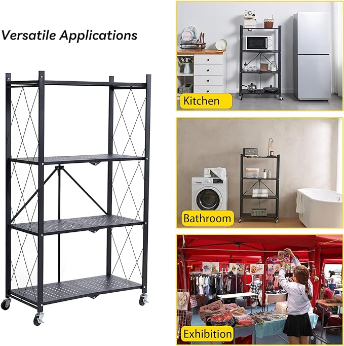 BRIAN & DANY 4-Tier Foldable Storage Shelves with Wheels, Folding Metal Rack Shelving Unit, Heavy Duty No Assembly Organizer Shelf for Garage, Kitchen, Basement, Pantry, Black