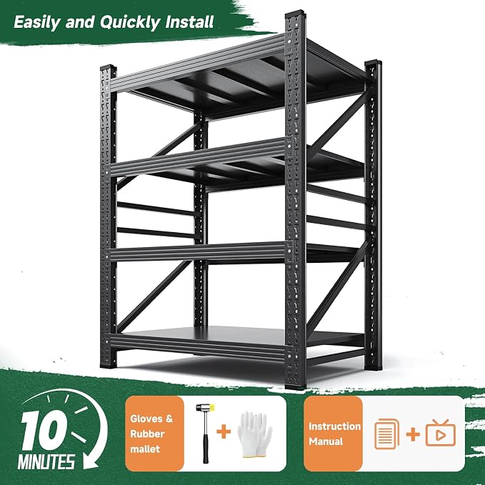 Letaya 2000LBS Storage Shelves Heavy Duty,60" H Garage Shelving Units, 4 Tier Adjustable Utility Rack Shelf,Large Metal Industrial Shelves,for Shop,Warehouse,Basement,Black (40" W x 20" D x 60" H)