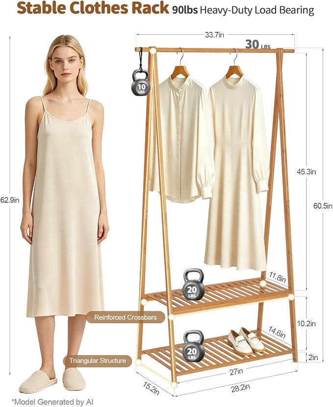 Bamboo Clothing Rack with Shelves, Wood Garment Rack for Hanging Clothes | Small Space Corner Clothes Hanger Rack with 2 Hooks,Freestanding Open Wardrobe Closet Rack in Bedroom,Entryway,Apartment