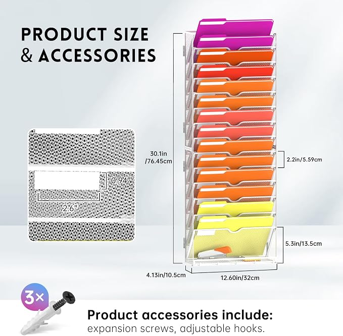 15-Tier Wall File Organizer with Base and Hooks, Hanging Organizer, White | Wall Organizer and Wall File Holder with 15 Vertical Pockets and Bottom Tray for Files, Mail, Folders, Magazines and Paper