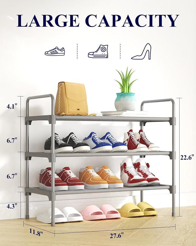 Kitsure Shoe Rack for Closet, Shoe Storage, 27.6" Wide - 3 Tiers, Grey | Shoe Organizer for Closet, Entryway, Living Room, Space-Saving Shoe Shelf, Sturdy Zapateras Organizer