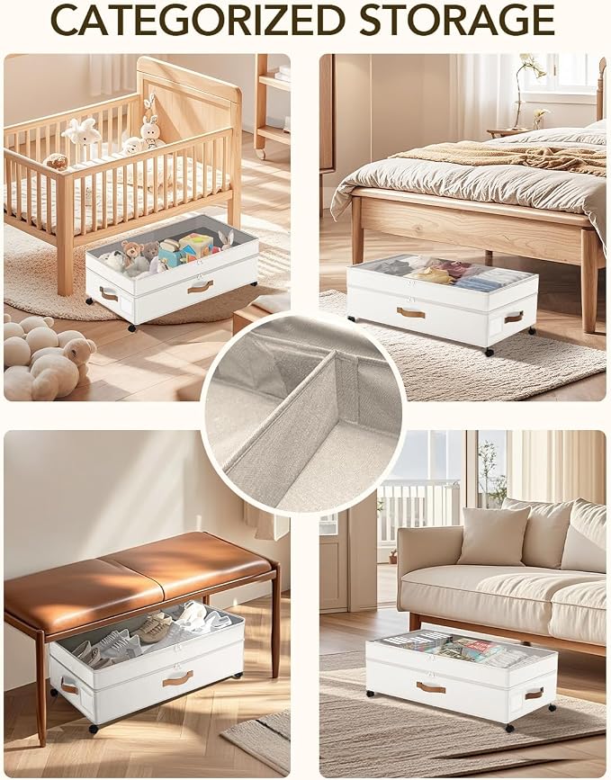 Under Bed Storage with Wheels, 10 inches Under Bed Storage Containers, 65L XXL Large Adjustable Underbed with Lids, Rolling Underbed Storage bins for Shoes, Clothes, Blankets, White