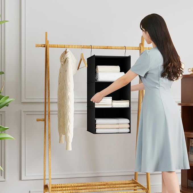 Hanging Closet Organizer 3-Shelf, Oxford Fabric Wardrobe Storage, Black | Easy-mount foldable design holds clothes, handbags, shoes & accessories; washable Oxford fabric, sturdy and space-saving.