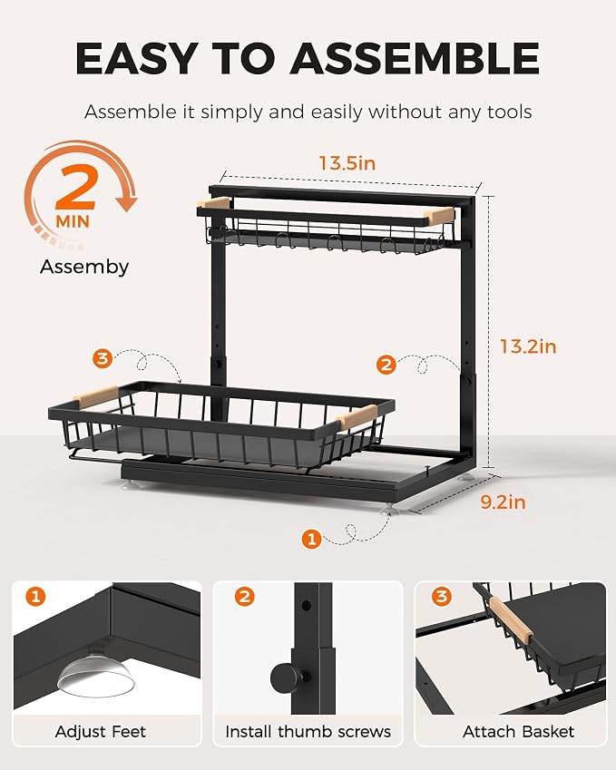 Sevenblue 2-Pack 2-Tier Height Adjustable Under Sink Organizer & Storage | Multi-purpose storage for kitchen & bathroom cabinet. Large black shelf, height adjustable design for space-saving.