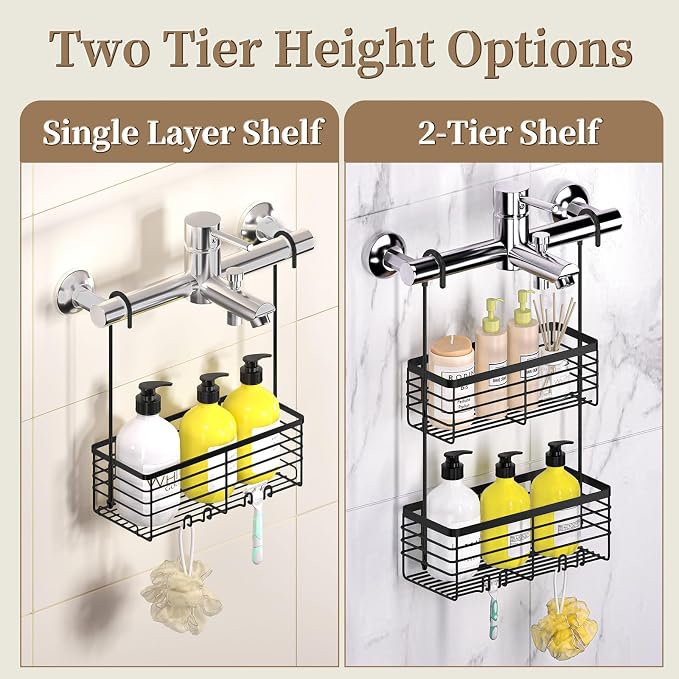 DELLAN 2-Tier Shower Hanging Caddy, Shower Rack with Hooks, Black | Over the Door Stainless Steel Hanging Orangizer and Basket