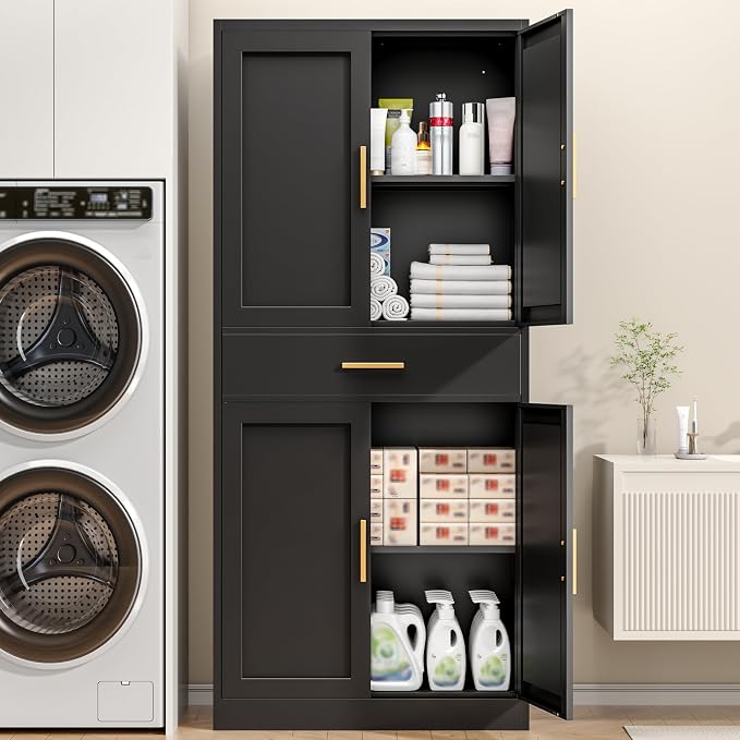 71”Tall Kitchen Pantry Cabinet, Metal Storage Cabinet with Doors and Shelves (Black, 1 Drawer)