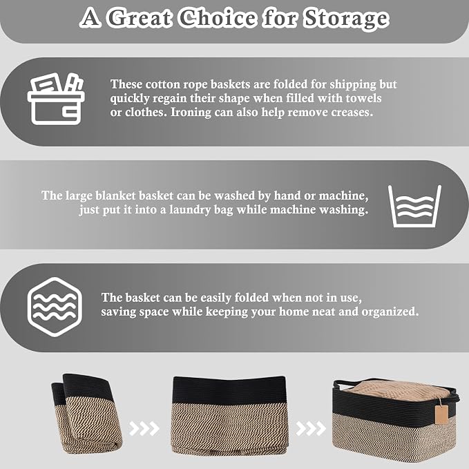 Goodpick Extra Large Wicker Storage Basket with Handles, Black & Jute | 75L, 22 × 17 × 12 in, Rectangle, Blankets, Pillows, Toys & Clothes Storage, Home Decor, Living Room & Nursery Organization