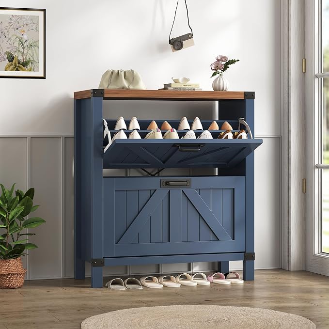 Fluted Shoe Cabinet Storage with 2 Flip Drawers for Entryway, Hallway | Narrow Shoe Rack Freestanding Shoe Organizer with Legs for Entryway,Hallway, Blue